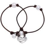 Women’s Cultured Freshwater Single Pearl Bracelet and Leather Cord with Charm Jewelry 7.8”