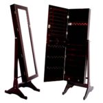 Espresso / Dark Brown Mirrored Jewelry Cabinet Armoire Stand, Mirror, Necklaces, Bracelets, Rings