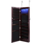 SONGMICS Lockable Jewelry Cabinet Wall Door Mounted Jewelry Armoire Organizer with Mirror LED Light, Brown