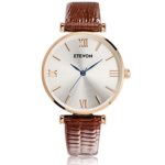 ETEVON Women’s Quartz Leather Retro Casual Watch with Silver-Toned Dial and Brown Leather Band for Ladies