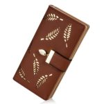 Women’s Long Leaf Bifold Wallet Leather Card Holder Purse Zipper Buckle Elegant Clutch Wallet Handbag (Brown)