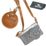 MegaGear Leather Shoulder Neck Strap Belt + Storage Case Carrying Bag – Comfort Padding, Security for All Cameras (SLR) – One Size Fits All (Light Brown)