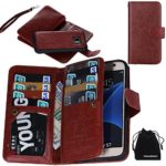 DRUnKQUEEn S7 Case, Premium Leather Credit Card Holder Feature Wallet Type Flip Folio Case – Detachable Magnetic Back Cover with Lanyard Wrist Hand Strap for G930 Samsung Galaxy S7 – Brown