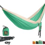 Golden Eagle Single Camping Hammock – Lightweight Parachute Portable Hammocks for Hiking, Travel, Backpacking, Beach, Yard – Bonus: included hanging set.(petrol green/light brown)