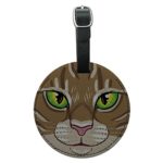 Brown Tabby Cat Face Pet Kitty Round Leather Luggage ID Tag Suitcase Carry-On
