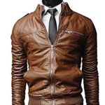 Sunnorn Men’s British Soft PU Leather Motorcycle Zipper Jacket Stand Collar Coat (M, Brown)