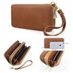 Hoxis Multi-purpose Generous Faux Texture Leather Purse Organizer Double Zip Around Long Wallet with Wristlet(brown)