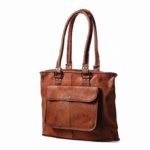 Handmade brown Vintage styled genuine Leather tote shoulder handbag shopping weekender travel carry on purse with zipper with outside pocket womens bag