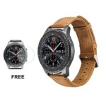 Samsung Gear S3 Watch Leather Band, Watch Replacement Smartwatch Wrist Bracelet Band For Samsung Gear S3 Frontier Classic Strap + Tempered Glass Screen Protector Light Brown