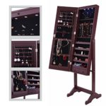 JAXPETY Lockable Jewelry Cabinet Standing Jewelry Armoire Organizer with Mirror LED Light, Brown