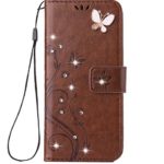 Auroralove iPhone 6/6s Luxury Handmade Bling Rhinestone Soft Slim Flip Stand Wallet Case for iPhone 6/6s 4.7 Flower Butterfly PU Leather Case for Girls Women-Brown