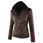 FUDITAI Women’s Classic Zip-up Hooded Faux Leather Jacket(Dark brown)-M