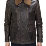 United Face Mens Distressed Leather Military Jacket X-Large Brown