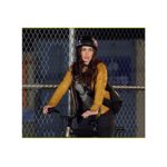 Megan Fox in Brown Leather Jacket and Helmet Riding Bike Chain Link Fence Background 8 x 10 inch photo