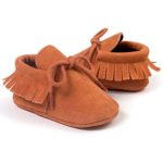 R&V Unisex Infant Baby Boys’ Girls’ Moccasins Soft Sole Tassels Prewalker Anti-Slip Toddler Shoes (L:12~18 months, Bandage Light Brown)