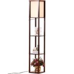 Brightech – Maxwell LED Shelf Floor Lamp – Modern Asian Style Standing Lamp with Soft Diffused Uplight White Shade- Wooden Frame with Convenient Open Box Display Shelves- Havana Brown