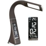 PENGYU 5W dimmable LED desk lamp Brown, leather-like exterior, alarm clock functionality, and a built in LED screen with time, date, calendar, and temperature display (Brown)