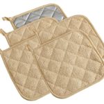 100% Cotton Kitchen Everyday Basic Terry Pot holder Heat Resistant Coaster Potholder for Cooking and Baking Set of 5 Light Brown