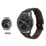 Samsung Gear S3 Watch Leather Band, Watch Replacement Smartwatch Wrist Bracelet Band 22mm For Samsung Gear S3 Frontier Classic Strap + Tempered Glass Screen Protector Dark Brown