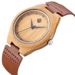 Tamlee Bamboo Wood Watch with Cow Leahter Strap Quartz Analog Unisex Wooden Wristwatch