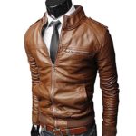 Yaheeda Men’s Casual Stand Collar Slim PU Leather Motorcycle Rider Faux-Leather Jacket Coat Jacket