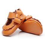 R&V 0-24M Infant Girls Moccasins 100% Real Leather Soft Sole Bowknot Toddler Girl Shoes Princess Firstwalkers (Inner Length: 11cm(3-6M), Light Brown)