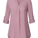 MOOSUNGEEK Women’s V Neck Casual Chiffon 3/4 Roll-Up Sleeve Blouse Tops(Runs Small)