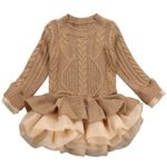 WuyiMC Little Girls’ Tutu Dresses, Pullover Ruffle Sweater Long Sleeves Organza Stitching Knitting (4-5Toddlers, Brown)