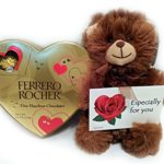 Valentines Day Gifts Chocolate Bundle – Ferrero Rocher Hazelnut Heart Shape Box with card and 9 Inch Plush Teddy Bear (Dark Brown) gift set