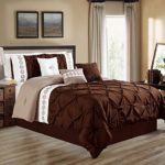 7 Pieces QUEEN size DARK Brown / Taupe / White Double-Needle Stitch Pinch Pleat All-Season Bedding-Goose Down Alternative Embroidered Comforter Set