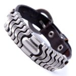 Powerful Dark Brown Leather Cuff Bracelet with Metal Design and Buckle Clasp (Adjustable)