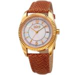 Burgi Women’s Swarovski Crystal Accented White Mother-of-Pearl Dial with Gold-Tone Case on Genuine Leather Light Brown Strap Watch BUR167TN