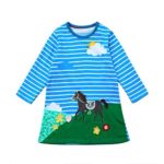 HOT!!Woaills Cotton Autumn Clothes Horse Print Embroidery Princess Party Knee-Length Dress For 1-6 Years Old Toddler Baby Girl Kid (Blue+Green, 5T)