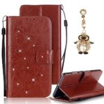 Samsung Galaxy J7 (2015) Case, Bonice Luxury Rhinestone Embossing Butterfly Pattern Premium PU Leather Magnetic Snap Book Style Wallet Case [Card Slots] [Hand Strip] Cover + Diamond Dust Plug, Brown