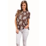 Women Tops, Paymenow O Neck Feather Printed Loose Beach Casual T-Shirt Tops Blouse (M, Brown)