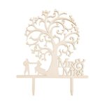BCP 5.5×6.5” Light Brown Color Delicate Rustic Wooden Mr and Mrs Bride and Groom Silhouette Tree Wedding Cake Topper