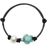 PearlyPearls Single Freshwater Pearl Bracelet with Turtle Turquoise on Leather Cord Jewelry 7.8”