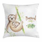Ambesonne Sloth Throw Pillow Cushion Cover, Mother and Baby Animals Family Happiness Watercolor Boho Tropical Elements, Decorative Square Accent Pillow Case, 18 X 18 Inches, Light Brown Green