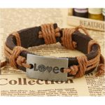 Rurah Fashion Leather Metal Love Charm Bracelet for Womens Mens Wristband Bracelet,Light brown line