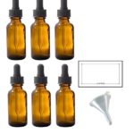 1 oz Amber Glass Boston Round Dropper Bottle (6 pack) + Funnel and Labels for essential oils, aromatherapy, e-liquid, food grade, bpa free