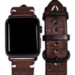 For Apple Watch – ASH Premium Watch Bands Stitched Leather for Series 1 2 3, Classic Replacement Strap with Secure Black Round Buckle, Adapter for iWatch (Dark Brown, 38mm)