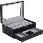 Watch Box Organizer Case 12 Men Jewelry Display Drawer w/ Adjustable Tray Glass Top PU Leather SSH02BZ