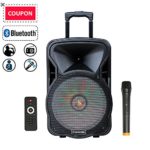 STARQUEEN 12″ Portable Pa System Bluetooth Rechargeable Speaker with Wireless Microphone Remote Control and LED Party Lights, AUX/USB/TF Input, FM Radio, Handle & Wheels & Hole for Speaker Stand