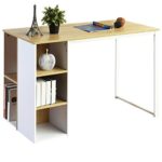 Office Computer Writing Desk with 5 Side Shelves Large Study Table Wood Workstation Home Office Collection PC Laptop Notebook Desk Organizers Metal Legs – Light Brown/White