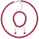 NYFASHION101 Women’s 7mm Simulated Pearl Necklace with Stretch Bracelet and Ball Earrings