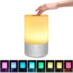 Touch Sensor Bedside Lamp, Satu Brown Smart LED Table Lamp Night Light Desk Lamps Portable Atmosphere Lighting, Dimmable Warm White Lights and Color Changing RGB