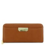 Zip Around Wristlet Wallet with Gold Plate Accent Brown