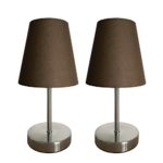 Simple Designs LT2013-BWN-2PK Sand Nickel Mini Basic Table Lamp 2 Pack Set with Fabric Shades, Brown
