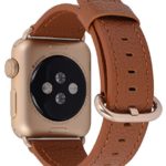 Apple Watch Band 42mm Women Men – PEAK ZHANG Light Brown Genuine Leather Replacement Wrist Strap with Gold Adapter and Buckle for Apple Watch Series 2/1 Gold Aluminum