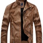 Chouyatou Men’s Vintage Stand Collar Pu Leather Jacket (Medium, RZQM888-Brown)